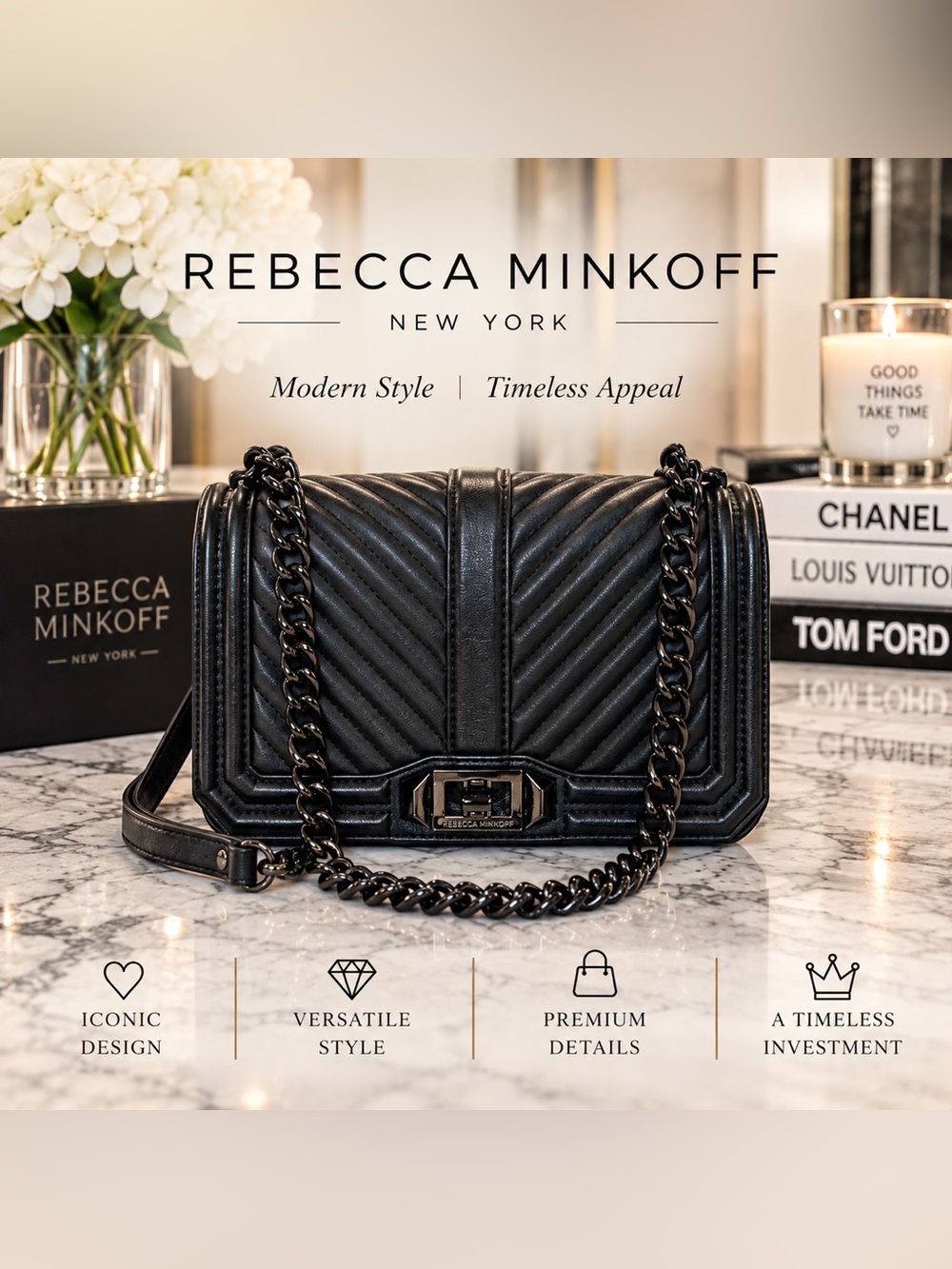 Rebecca Minkoff Black Leather Quilted Chevron Flap Shoulder Bag